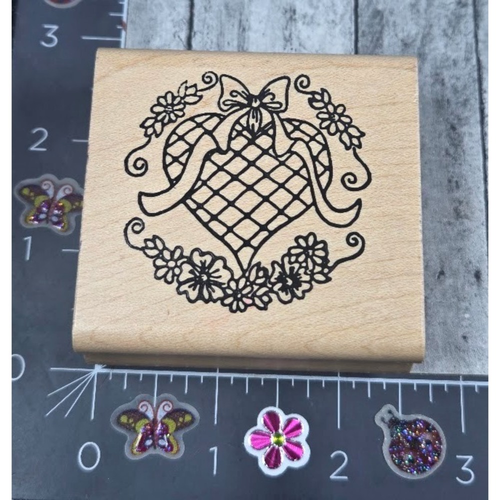 Holly Berry House Heart Ribbon Flowers Rubber Stamp Wood #O115